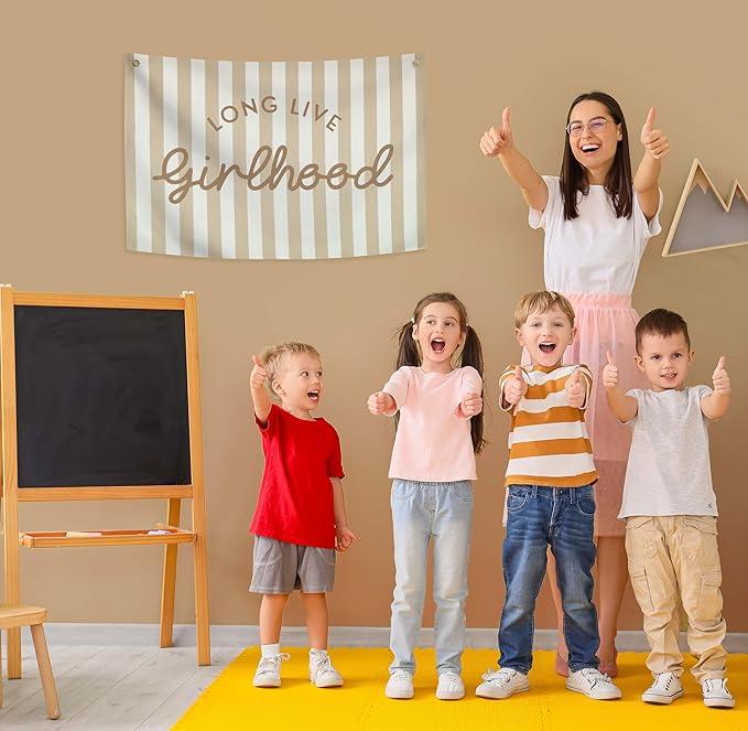 Girls Room Decor Long Live Girlhood Canvas Banner Rectangular Flag Vintage Banner for Nursery Playroom Wall Decor for Kids Bedroom Dorm Toddler Decorations Trendy Room Decor Baithday Christmas Gift