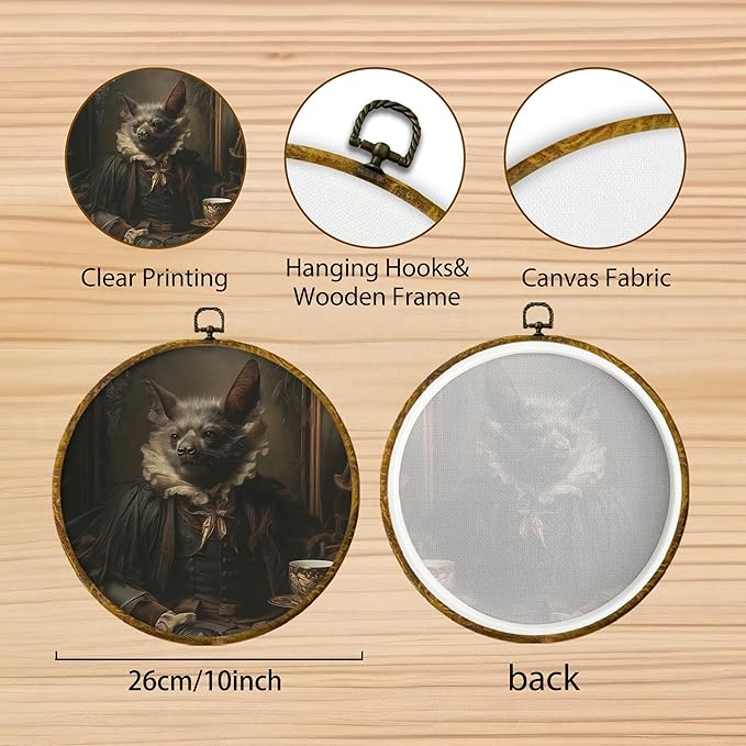 Hiuwevt Dark Academia Bat Round Wall Art Decor, Gothic Bat Framed Canvas Prints, Vintage Noble Vampire Round Wall Hanging Decor for Home Living Room Decorations, 10x10 Inches