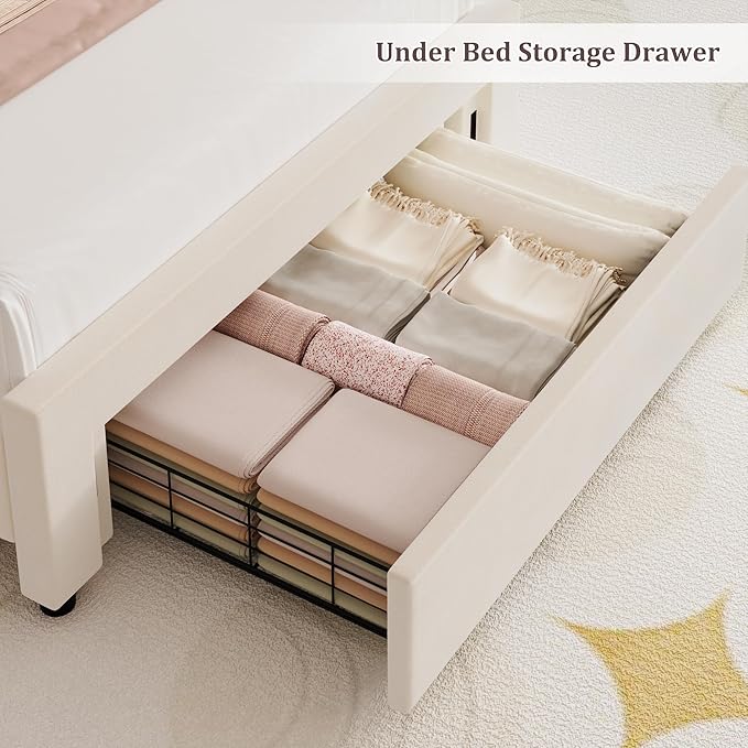 HITHOS Upholstered Twin Led Bed Frame with Charging Station and Storage Drawer, Velvet Princess Platform Bed Frames with Crystal-Button Tufted Headboard for Girls | Kids, No Box Spring Need, Beige