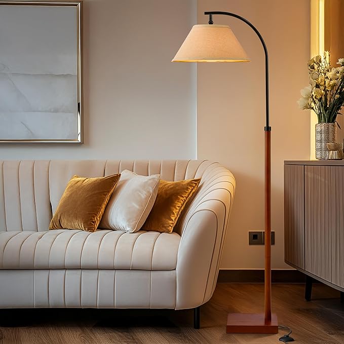 63" Floor Lamp for Living Room with Foot Switch Wood Standing Lamp Tall Lamp Mid Century Modern Arc Floor Lamps for Bedroom Office Industrial Reading
