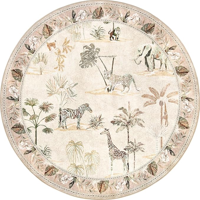 jinchan Round Rug 5ft Beige Jungle Animals Print, Machine Washable 5' Circle Modern Soft Non-Slip Forest Plant Throw Area Rug, Ultra-Thin Low Pile Carpet for Entryway Bedroom Kitchen Kids Room