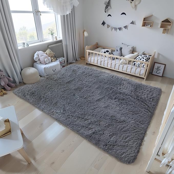 6x9 Grey Fluffy Shag Rug for Bedroom Soft Plush Fuzzy Washable Carpet for Living Room, Modern Comfy Shaggy Non Slip Floor Large Area Rugs for Kids Baby Nursery College Dorm Room, Gray