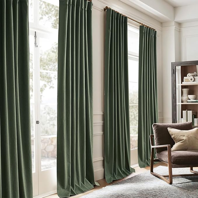 45 Inch Kitchen Curtains Sets for Windows, Faux Linen Blackout Pleated Aesthetic Basement Window Curtain Back Tab 2 Panels Insulated Drapes Olive Green (50" W x 45" L Hooks&Rings Included)