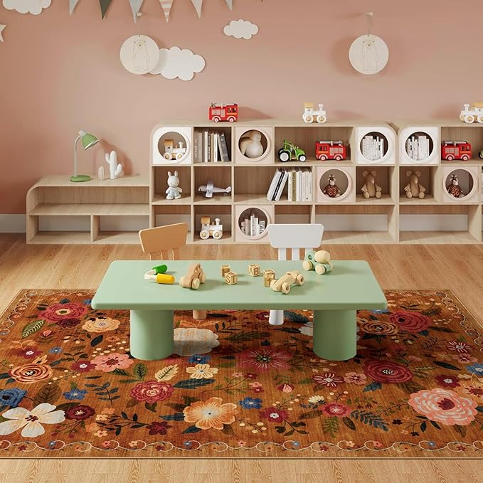 6x9 Washable Area Rug for Living Room, Floral Non-Slip Non-Shedding & Easy Care, Soft Low Pile Vintage Indoor Floor Carpet for Living Room, Bedroom, Farmhouse, Dining Room, Kids Playroom, Orange
