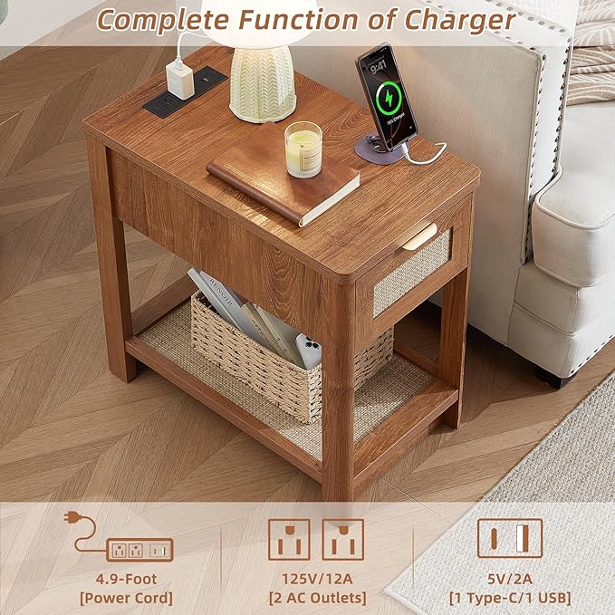 Lerliuo Narrow Night Stand with Charging Station, Boho Nightstand with Drawer, Bed Side End Table with Rattan Shelf for Small Spaces, Wood Nightstands Bedside Tables for Living Room Bedroom