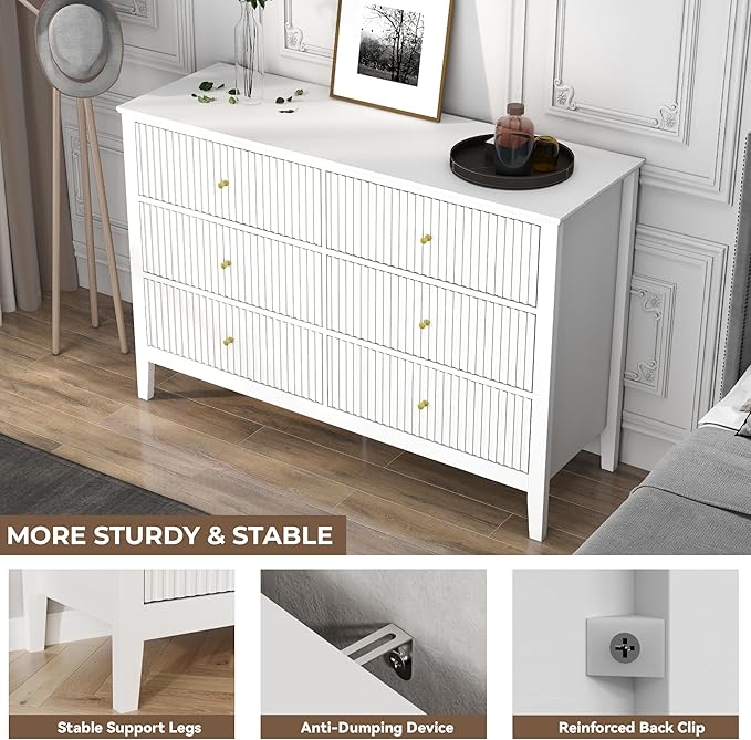 White Dresser for Bedroom, 6 Drawers Fluted Chest of Drawers with Storage, Modern Wide Storage Dresser with Paint Design, Wood Drawer Organizer White Dressers for Hallway, Entryway