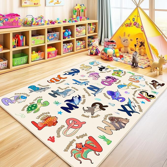 Kids Rugs for Playroom, 4x5 Feet Educational Rug for Learn The ABC Alphabet, Soft Machine Washable Non-Slip Cute Marine Organisms Carpet for Classroom Toddler Nursery Kids Room Decor, Beige