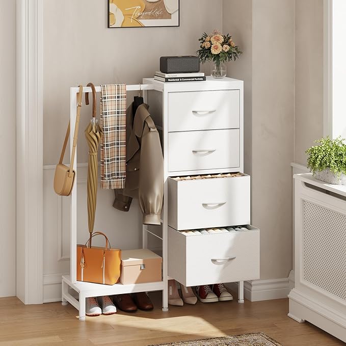 Dresser with Hanging Rack, 4 Drawers Small Closet for Bedroom, Reversible Fabric Kids Chest of Drawers with Clothes Rack, Tall Storage Tower, Sturdy Frame, White, 44''H