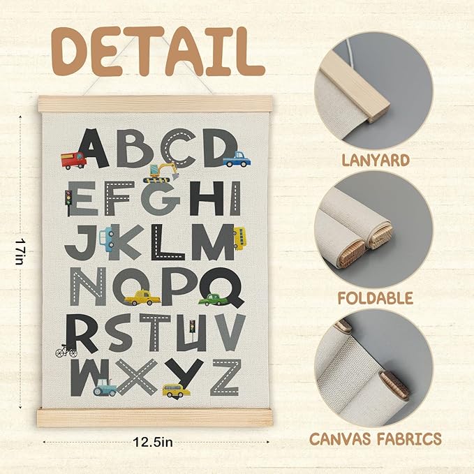SereneHanctuary Car Alphabet Educational Learning Poster For Toddlers,Educational ABC Car Nursery Poster Hanger Frame for Nursery Boys Room Classroom Decor,12X16Inches