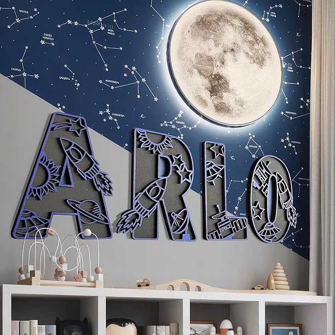 Personalized Wooden Name Sign - Custom Baby Name Signs for Nursery & Kids Room, Baby Announcement Sign, Wall Name Signs Personalized, Round Wooden Letters for Nursery Decor (Space 3D)