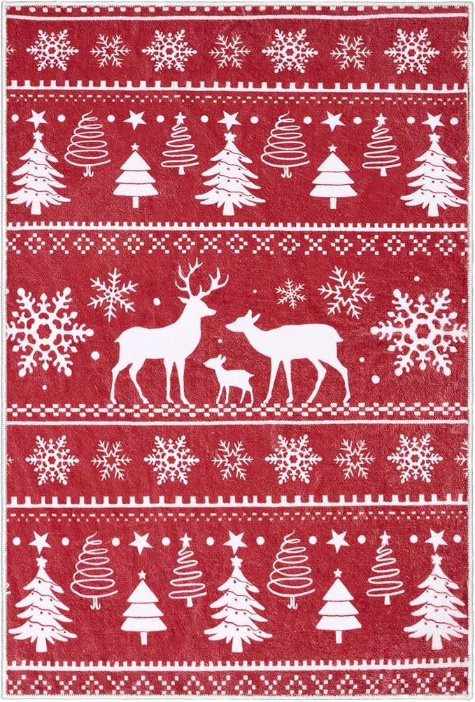 2x3 Machine Washable Christmas Area Rug, Non-Slip Small Christmas Entryway Rug for Front Door, Low Pile Indoor Door Mat for Entryway, Bedroom, Dining Room & Kitchen(2x3 Elk)