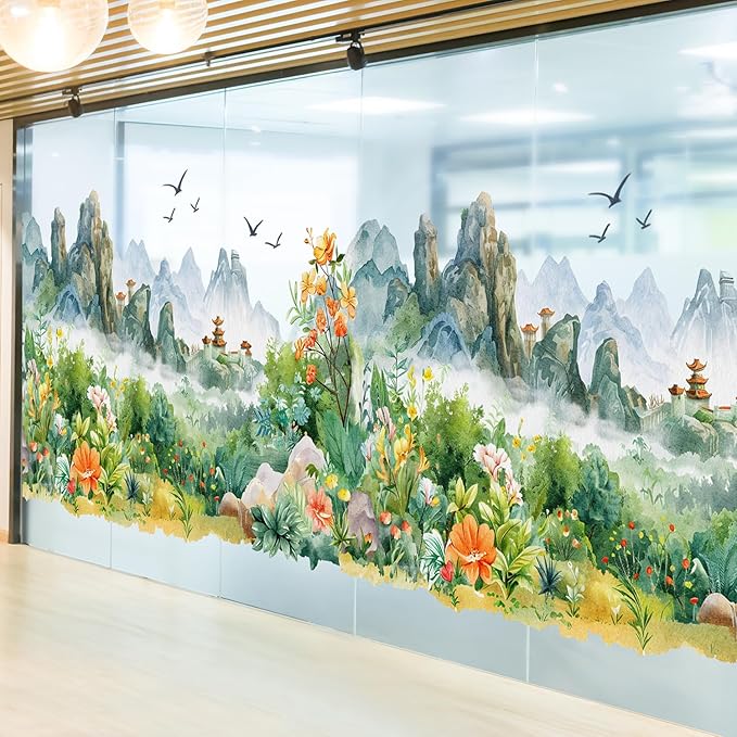 AM AMAONM Chinese Style Nature Mountain Landscapes View Wall Stickers Watercolor Green Plants Flowers Wall Decals 3D Peel and Stick Wall Art Decor for Nursery Home Wall Corner
