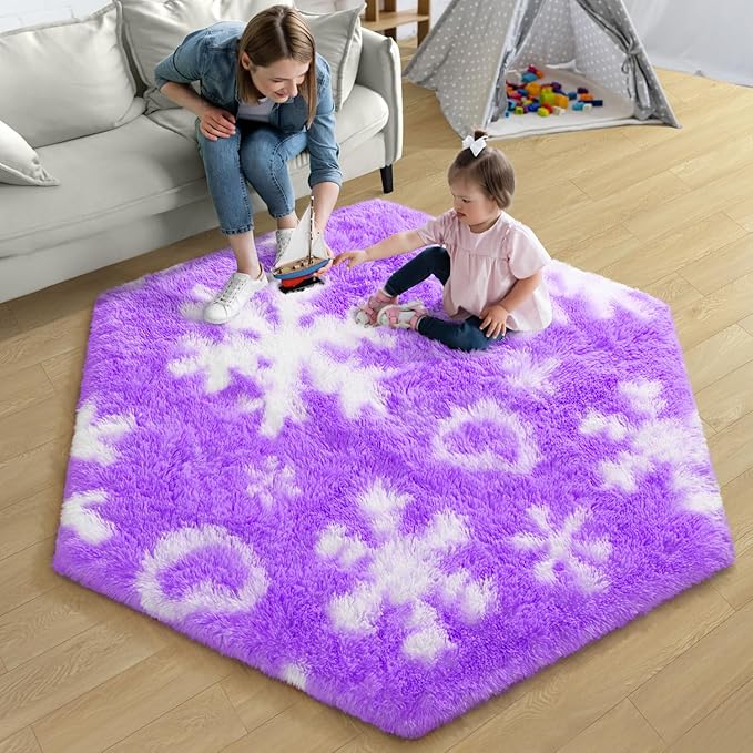 EVOIONOS Purple Princess Tent Rug, 4x4.6 Feet Area Rugs for Girls Bedroom, Fluffy Snowflake Rug for Room Decor, Plush Carpet for Kids Room Playroom Nursery Decor, Cute Hexagon Purple Rugs