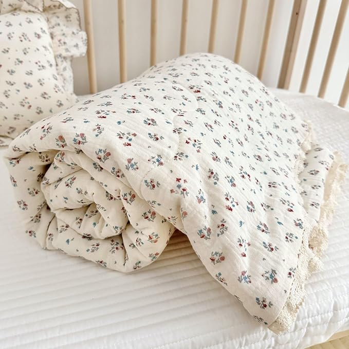 BuLuTu Elegant Floral Muslin Quilt Blankets for Kids Boys Girls Toddler Bed Blanket with Lacey Edges Soft Lightweight Toddler Comforter Crib Quilt for All Seasons, 47x59 Inches