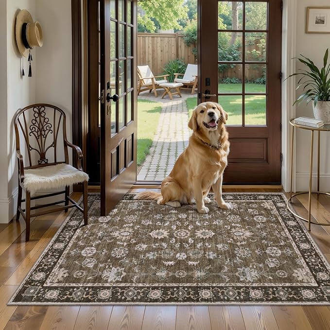 Tangsoo 2x3 Small Rug Washable Brown Entry Rugs for Entryways Non-Slip Vintage Floral Throw Area Rugs Boho Rugs Distressed Floor Carpet Soft Low Pile Door Mat for Entrance Bedroom Kitchen Foyer Decor