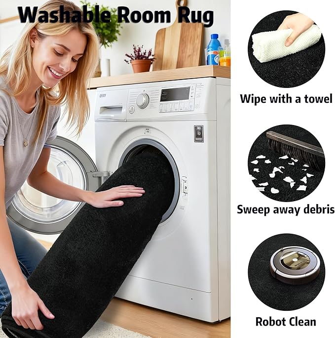 Chicrug 6x9 Minimalist Washable Area Rugs for Bedroom Living Room Classroom, Modern Soft Memory Foam Rug for Kids Nursery, Low Plie Indoor Carpet for Dorm Dining Office Bedside Room Decor, Black