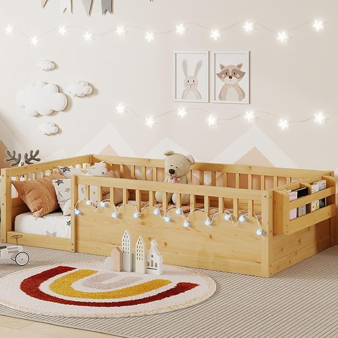 KEIKI Twin Size Floor Bed w/Light & Storage, Wood Montessori Platform Bed Frame w/Safety Rails, Space Saving Kids Beds for Boys Girls Bedroom Playing Room, Easy Assembly Bedframe, Noise Free, Brown