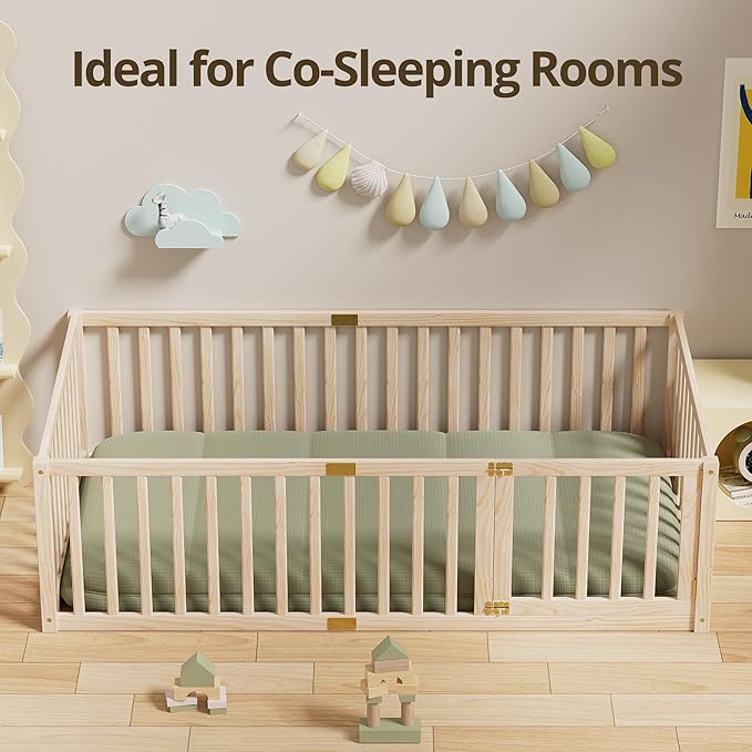 LLS Twin Size High Fence Floor Bed, Solid Wood Multifunctional Montessori Bed Frame with Door for Toddler Kids, Without Slats, Natural