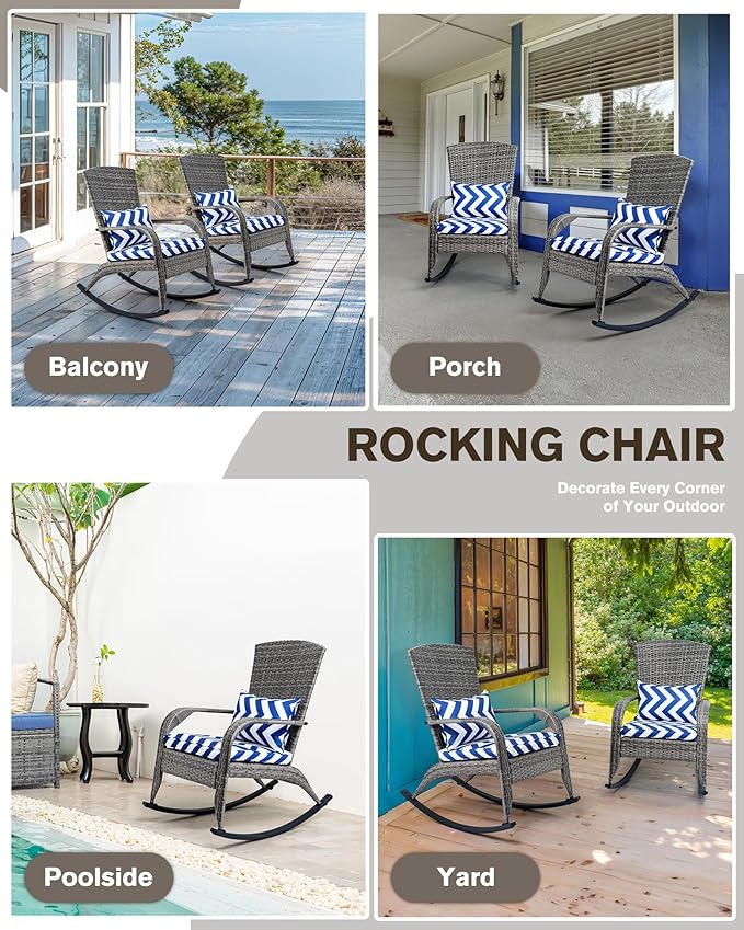 Outdoor Rocking Chair- Outdoor Glider Rattan Rocker Chair with Heavy Duty Steel Frame- All Weather Rocker Chair for Garden, Porch, Backyard, Poolside (Grey Rattan, 320lbs)