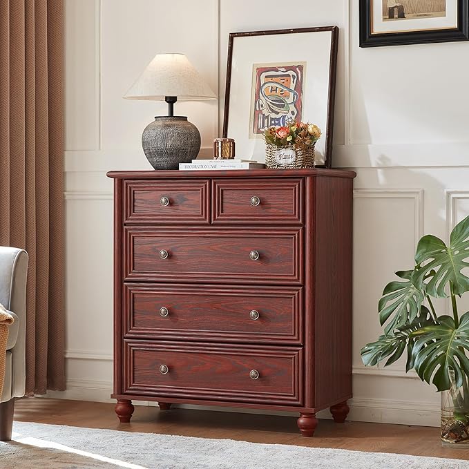 Farmhouse 5 Drawer Dresser Set of 2, Chest of Drawers for Bedroom, 35.5" Tall Dresser with Roman Column, Rustic Wood Storage Dressers Organizer for Living Room, Hallway, Closet(Red Oak)