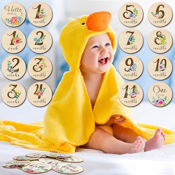 Tiamon 16 Pieces Wooden Baby Monthly Milestone Cards Monthly Milestone Marker Discs Double Sided Wooden Circles Months Signs for Baby Shower Newborn Photo Props(Fresh Flowers)