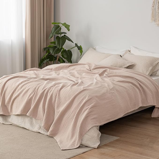 PHF 100% Cotton Muslin Blanket King Size 108"x90", 4-Layer Lightweight Gauze Throw, Breathable Cloud-Soft Minimalist Blanket for Bed, Couch, Camping & Baby, Dusty Pink, Ideal Gift