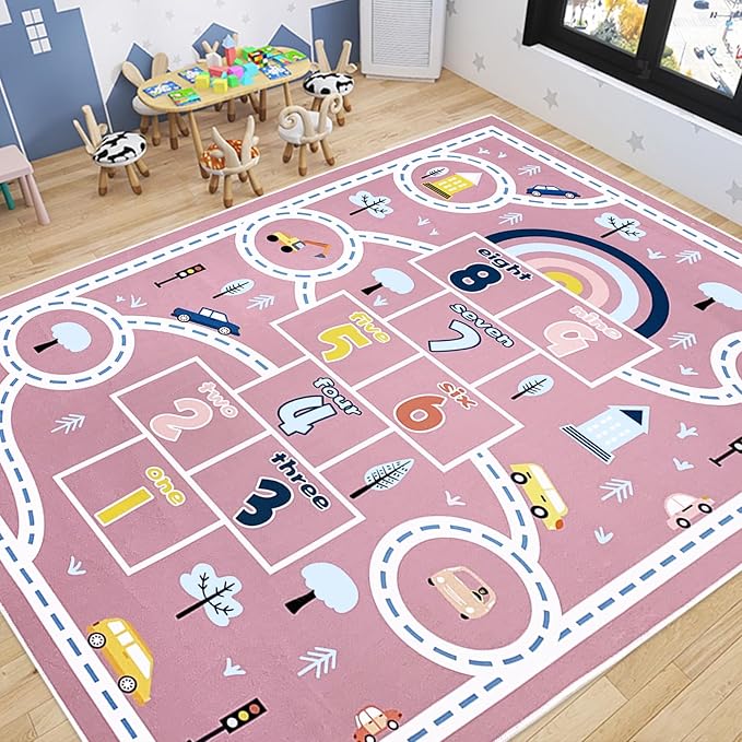 Hopscotch Kids Rug Carpet 7x10Ft Pink Car Road Play Mat for Girls Boys Classroom Bedroom Playroom Living Room, Educational & Learning, Large, Washable Children Preschool Rug, 6.6x9.8Ft