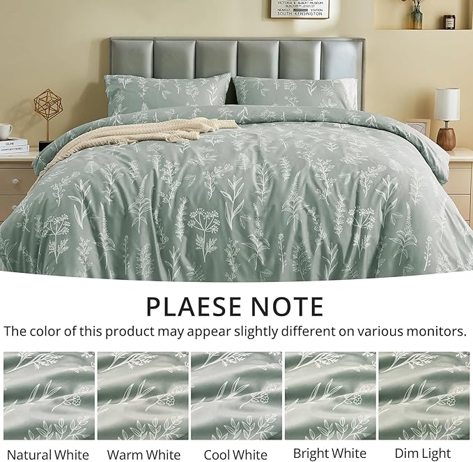 MUXHOMO Duvet Cover King Size, Reversible Floral Green Duvet Cover Set with Zipper Closure, 3 Pieces Botanical Patterns Soft Microfiber Bedding Set (90"x104", 2 Pillow Cases 20"×36")