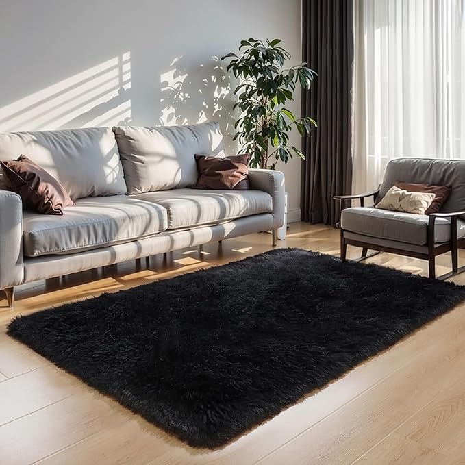 6x9 Black Fluffy Shag Rug for Bedroom Living Room, Ultra Soft Plush Fuzzy Washable Floor Non Slip Cozy Large Area Rug for College Dorm, Modern Comfy Shaggy Carpet for Kids Baby Nursery