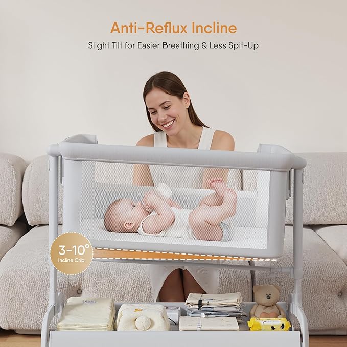 3-in-1 Baby Bassinet, Rocking Bassinet, Bedside Bassinet for Baby, Stable and Secure Bassinet Bedside Sleeper for Newborn & Infant, 6 Height Adjustable with Wheels, Mattress & Breathable Mesh