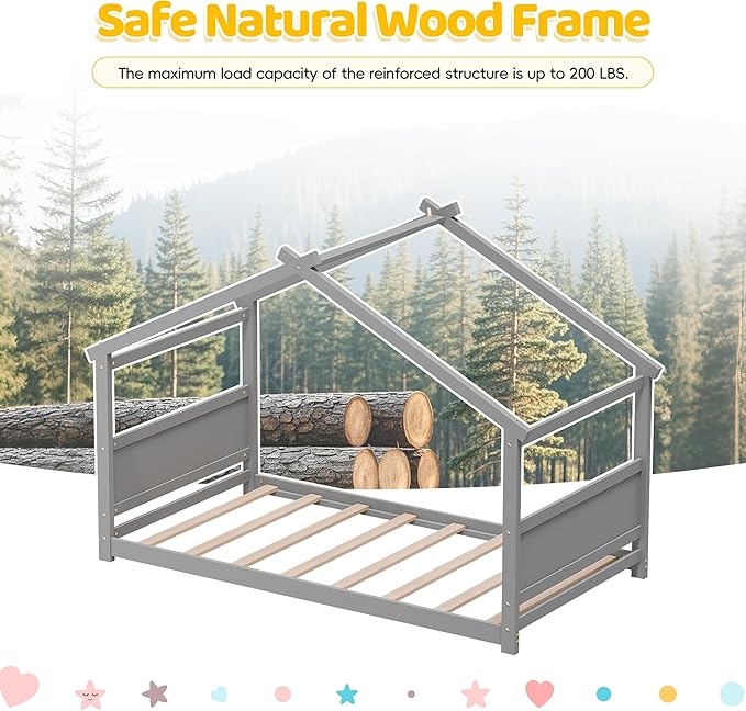 Twin House Bed, Montessori Floor Bed with Headboard & Footboard, Solid Wood Bed Frame for Toddlers Teens Bedroom, No Box Spring Needed, Grey