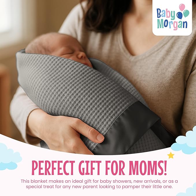 Blankets Thermal Waffle Baby Blanket Crib Bedding - Soft Cozy Warm Infant Thermal Cover for Nursery Stroller or Bassinet, Lightweight Ideal Shower Gift, Satin Trim Gray 36" x 50"