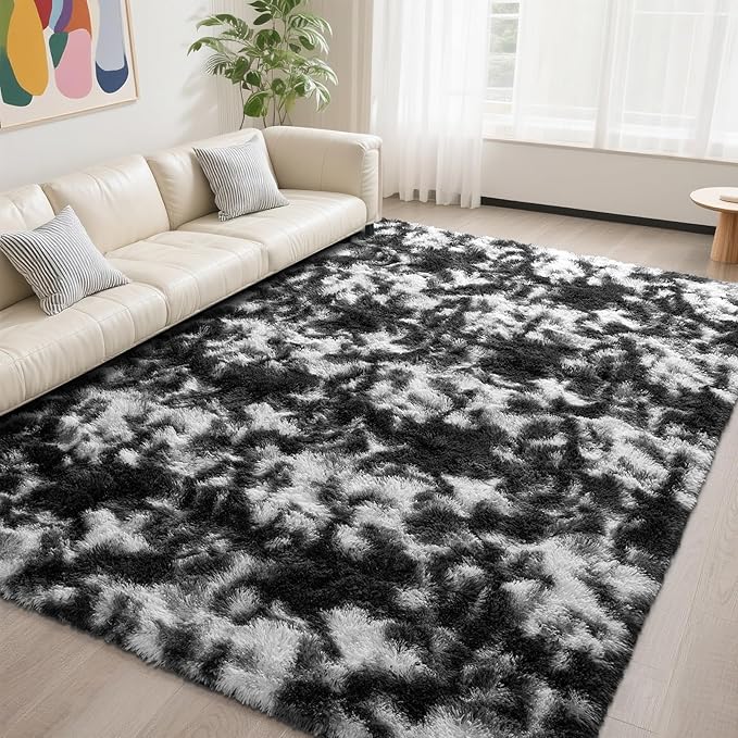 DweIke Fluffy Black White Shag Rugs for Bedroom Living Room, 4x6 Feet Soft Plush Tie-Dyed Cow Girls Boys Kids Rug, Non-Slip and Machine Washable Carpet for Dorm Nursery Classroom Decor