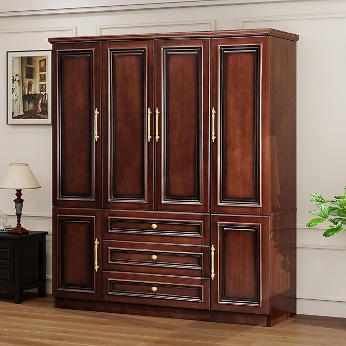 Solid Wood Armoire:Large Wardrobe Closet with Drawers and Hanging Rod,Storage Cabinet Clothes Organizer for Bedroom Cherry Finish