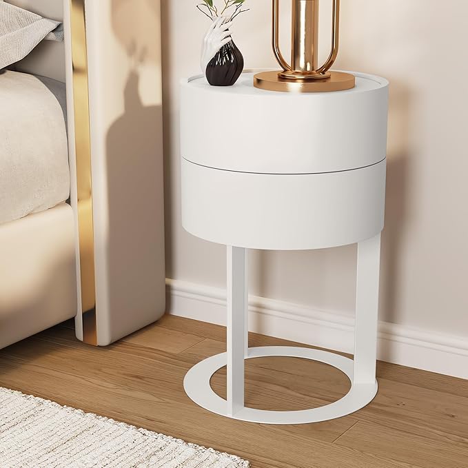 Round Side Table with Hidden Storage Drawers, Modern Nightstand with Swivel Drawer, Minimalist Bedside Table for Bedroom, Living Room, White