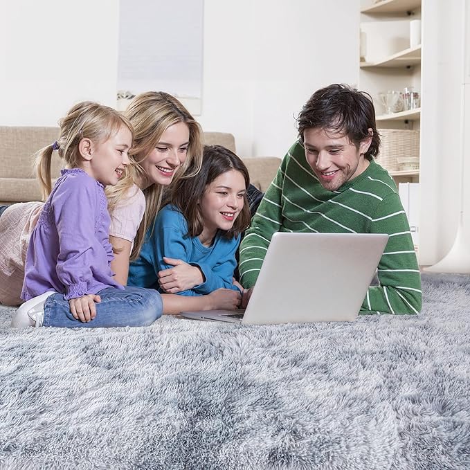 Thick Area Rug Light Grey 6x9 Fluffy Shag for Bedroom Ultra Soft Plush Fuzzy Washable Thickened Non Slip Carpet for Living Room Dorm Nursery Shaggy Rug for Kids Baby Girls Boys, Tie-Dye Gray