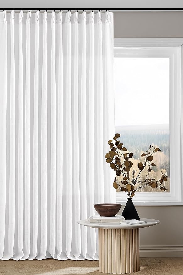 Extra Long Snow White Pinch Pleated 132 Inch Linen Curtains 2 Panels for Living Room Bedroom Memory Training Shaped Semi Sheer Pleat Drapes with Hooks Rings Light Filtering Window Curtain 40x132