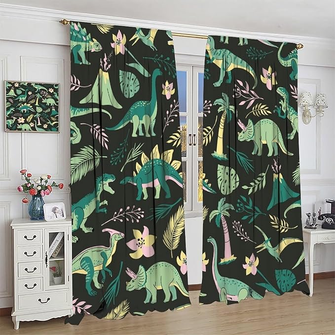 Dinosaurs Blackout Curtains Cartoon Cute Funny Dino Tropical Jungle Green Art Print for Kids Boys Bedroom Living Room Rod Pocket Decoration Window Drapes 2 Panels W26xL84in