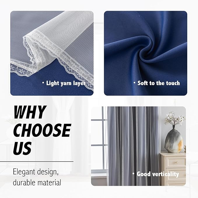 Anytime Home Curtains Blackout and Sheer Layered Solid Window Curtain Panel Pair with Grommet Top, 52Wx63L,Navy Blue