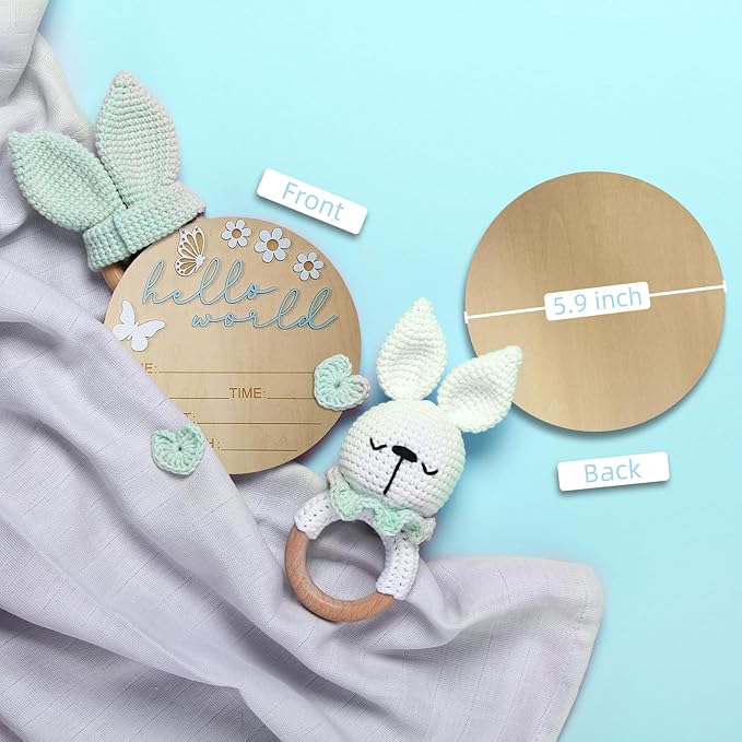 Hello World Newborn Sign - 5.9” Round Wooden Baby Announcement Sign with 3D Butterfly & Flowers - Keepsake Birth Gift for Baby Boy’s First Day, Hospital, Shower, or Nursery Décor (Blue)