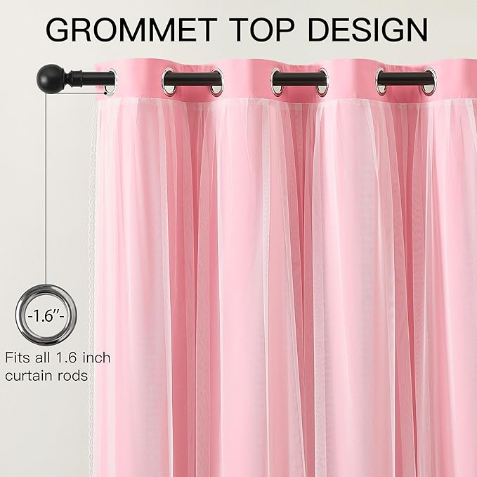 XiDi Pink Blackout Curtains for Girls Bedroom Living Room 84 Inches Long 2 Panels Grommet Thermal Insulated Double Layer Cute Girly Nursery Curtains with Sheer Overlay for Kids Princess W52XL84