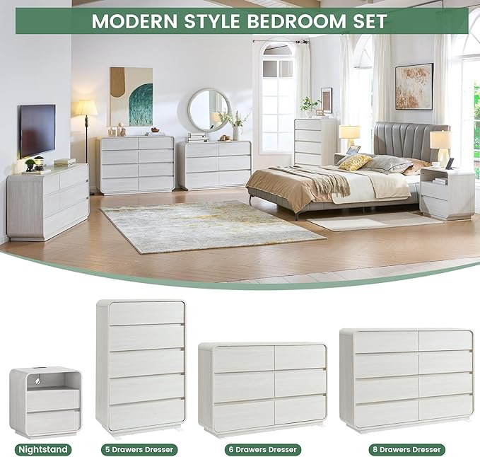 White 5 Drawers Dresser, Curved Dresser with Storage Organizer, Modern Drawer of Handleless, Large Chest of Drawers for Living Room, Nursery, Entryway, 29.5’’W