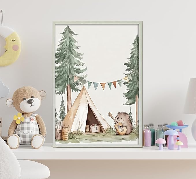 Woodland Animal Nursery Canvas Wall Art Fox Bear Rabbit Hedgehog Paintings Pictures Safari Nursery Wall Decor Forest Animals Camping Campfire Poster Print Artwork for Boys Kids Room Home Decoration