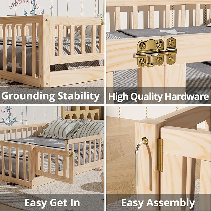 i-POOK Twin Floor Bed for Children, Sturdy Wood Montessori Bed Frame with Wood Slats, Fence & Door, Montessori Floor Bed for Girls and Boys, Natural