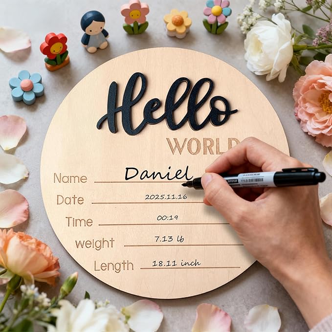 Baby Announcement Sign with Pen, 5.9 Inch Wooden Hello World Newborn Sign for Hospital, 3D Birth Announcement Board, Welcome Baby Name Signs for Nursery, Newborn Gift for Boy & Girl,Black