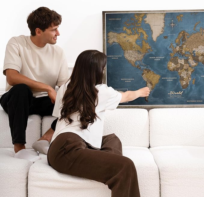 Canvas World Map with Cork Pin Board - English Lettering - Decorative Wall Decoration for All Rooms - Canvas Pictures with World Map Motif (120x80 cm, Pattern 13)