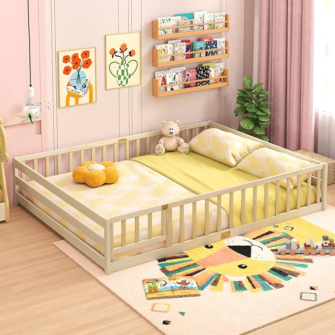 Giantex Queen Floor Bed with Door & Fence, Kids Wood Montessori Beds with Safety Guardrails, Floor Bed Twin for Kids, Boys, Girls, No Box Spring Needed, Natural