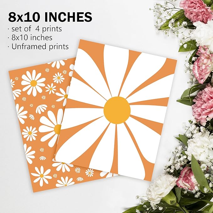 AEHIE Boho Orange Daisy Flower Wall Art Print, You Are My Sunshine Poster for Baby Girls Room Nursery, Bohemian Spring Aesthetic Floral Decor for Home, 4pcs