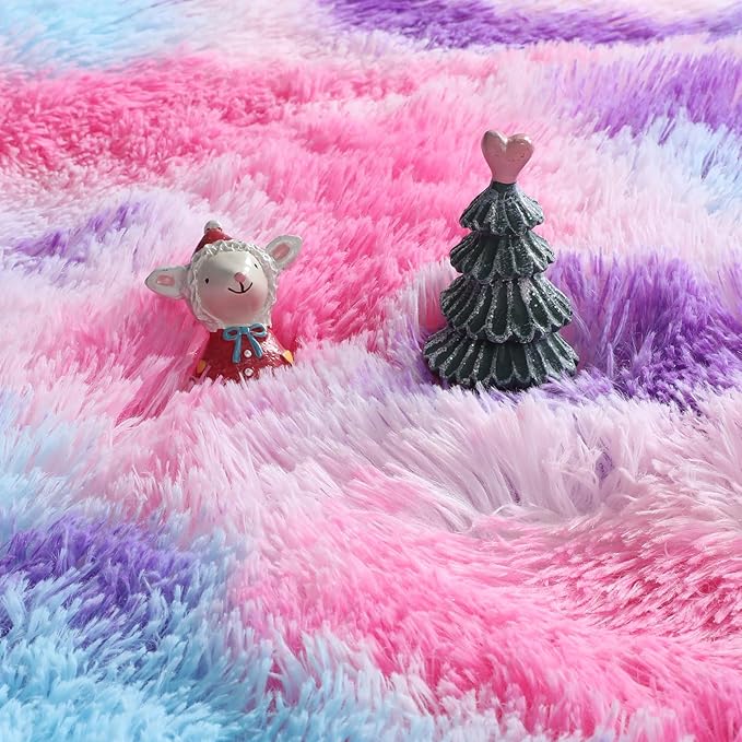 Amdrebio Hot Pink Rainbow Round Circle Area Rug 4Ft for Girls Bedroom, Fluffy Cute Fuzzy Colorful Pastel Kids Rugs for Nursery Playroom Classroom, Unicorn Shag Princess Carpet for Baby Toddler Teen