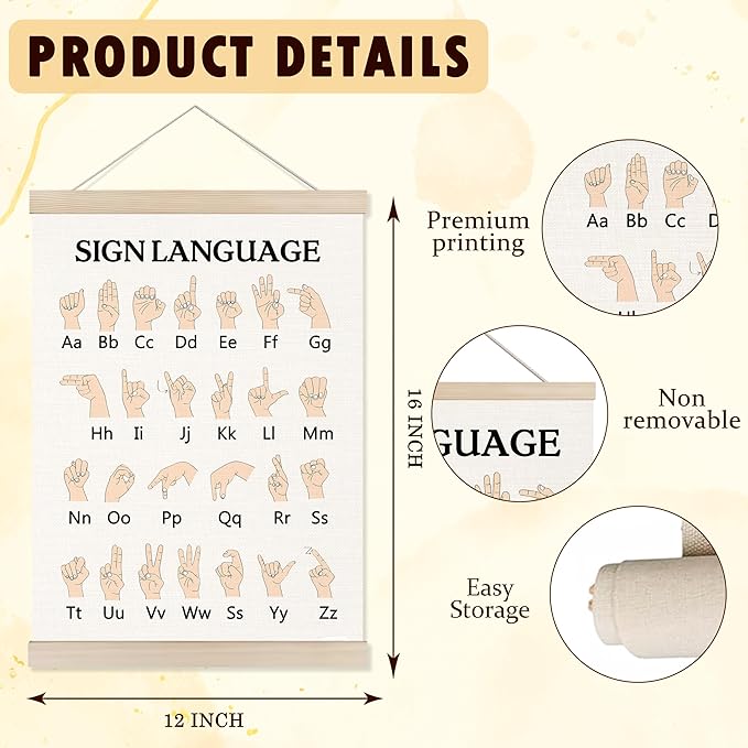 Welshower Sign Language Alphabet Poster Hanger Frame, ASL Alphabet Special Educational Wall Art Prints Decor for Classroom Toddler Kids Bedroom Nursery Playroom Framed, 12x16 Inch
